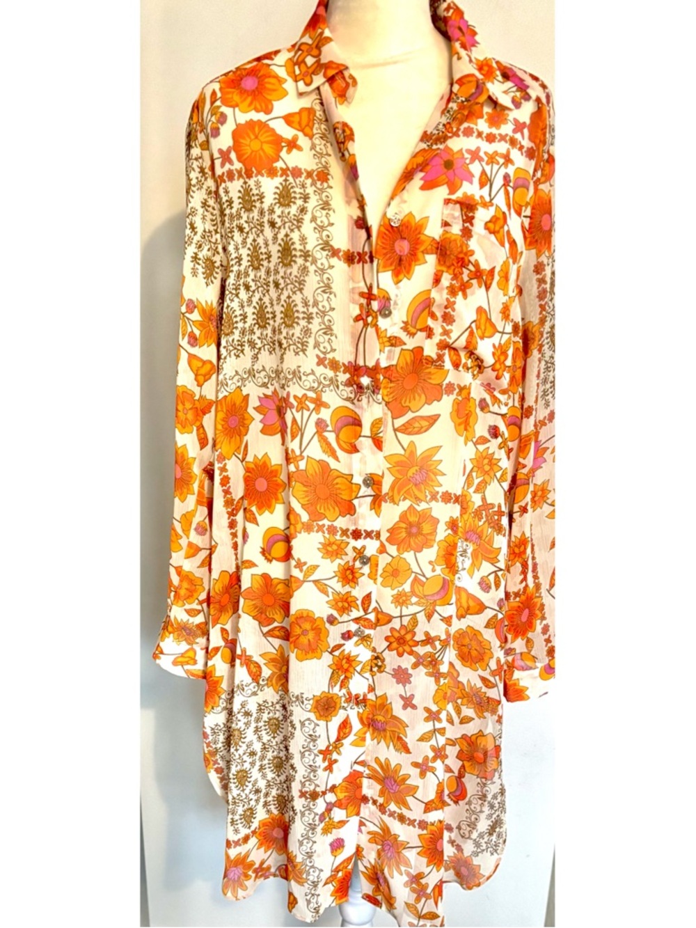 Rose & Olive Floral Sheer Button-Down Duster - Brilliant Orange & Pink Flowers-S